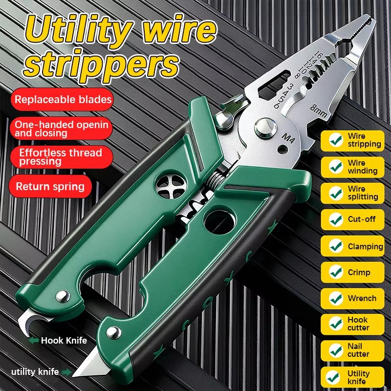 Power Tools Green Color - คีมตัดและปอกสายไฟอเนกประสงค์ สีเขียว/แดง/เหลือง คีมช่างไฟฟ้า สำหรับงานตัดและบีบสายไฟ เครื่องมือช่างไฟฟ้ามืออาชีพ