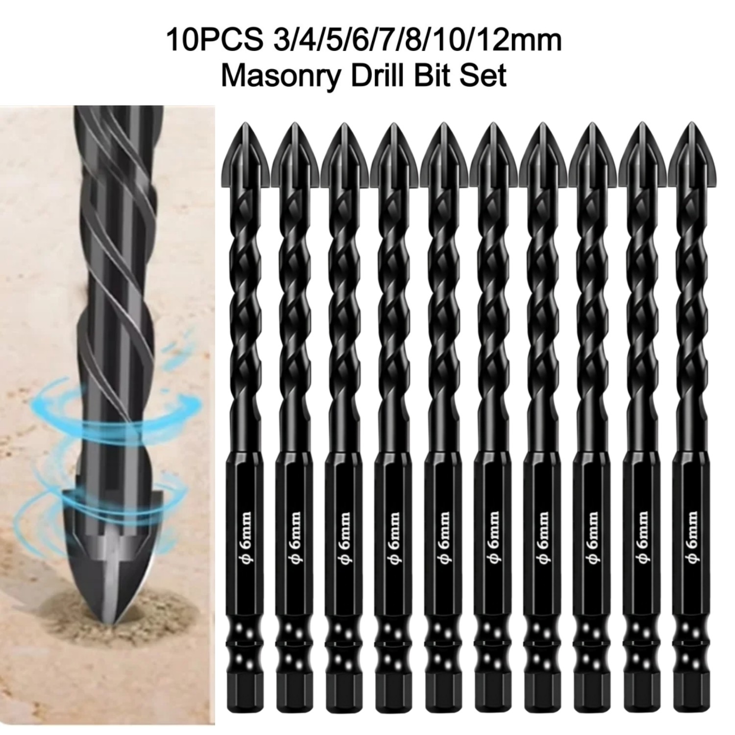 Power Tools Kobalt - ชุดดอกสว่านไขว้หกเหลี่ยม 10 ชิ้น ขนาด 3/4/5/6/7/8/10/12 มม.